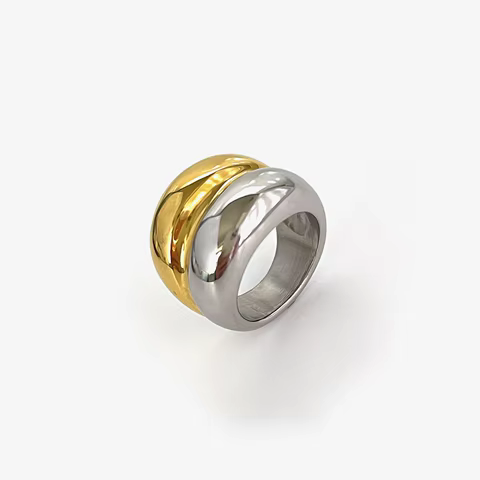 Peri'sbox Trendy 18K Pvd Gold Silver Plated Two-tone Chunky Dome Rings for Women Men Stainless Steel Double Layer Wide Ring Punk 12 best sales chunky gold rings - №12