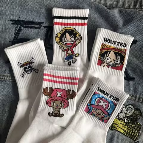 5Pair Anime One Piece Socks Cartoon Luffy Chopper Student Cotton White Long Short Boat Socks Printed Knitted Socks Children Gift 12 best sales spongebob bracelet - №7