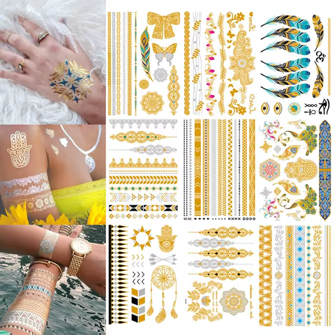 Waterproof Temporary Tattoo Sticker Flowers Mandala Henna Golden Silvery Metallic Flash Tatoo Boho Hand Jewelry Glitter Body Art 8 best sales henna stickers - №2
