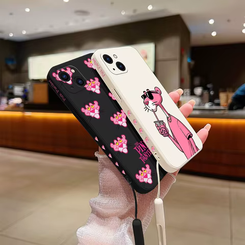Cartoon Phone Case For iPhone 16 15 14 13 12 11 Pro Max Mini X XR XSMAX 8 7 6S Plus Soft Silicone With Hand Strap Pinks Panthers 10 best sales pink mobile phone - №8