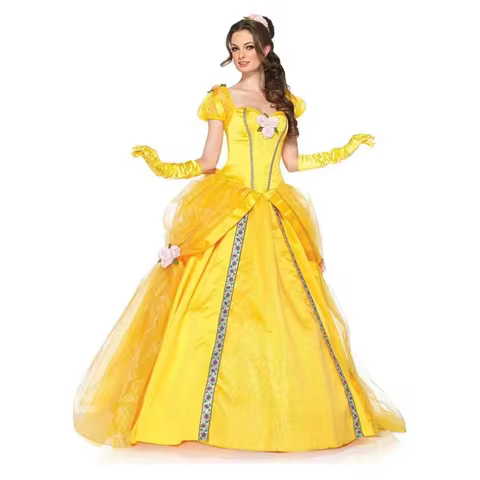 Beauty And The Beast Bell Yellow Long Dress Halloween Costume Belle Princess Dress Masquerade Carnival Adult Belle Roles Suit 10 best sales disney adult costumes - №2