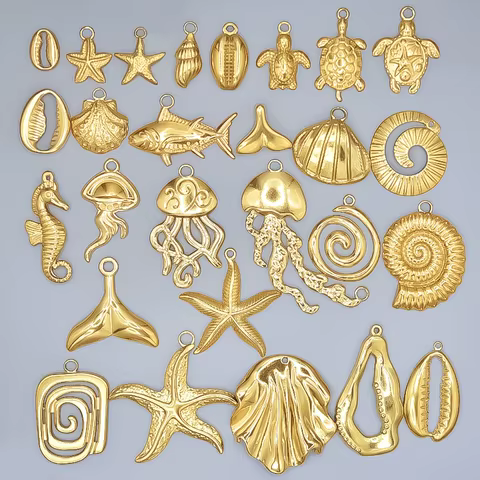 6pcs Real Gold Plated Ocean Animal Turtle Shell Conch Starfish Diy Charms For Jewelry Making Bulk Stainless Steel Charm Pendant 12 best sales gold plated charm - №2