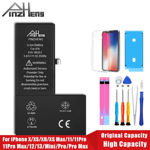 PINZHENG Real High Capacity Battery For iPhone X XR XS Max 12 13 Mini Pro Max 11 Pro Max Replacement Bateria Warranty One Year 10 best sales battery emax - №2