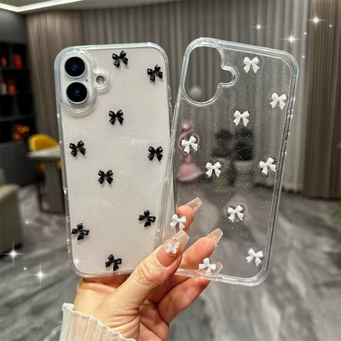 Cute 3D Bowknot Glitter Phone Case For iPhone 16 15 14 13 12 11 Pro Max Plus MiNi 2025 Korean Girl Soft Cover Epoxy Clear Shell 8 best sales pink phone cases - №4