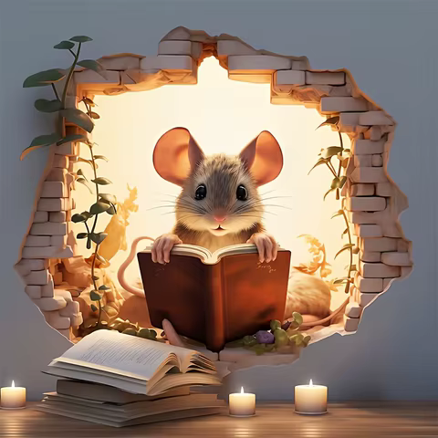3D Reading Mouse Wall Stickers Cute Cartoon Animal Pattern Vinyl Decals Living Room Bedroom Bathroom Office Home Decoration 12 best sales deer head wall decor - №8