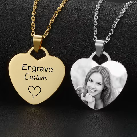 Customized Necklaces Printed Colorful Photo Name Engraved Stainless Steel Heart Pendant Chain Necklace Jewelry For Women ID Tag 8 best sales custom necklace photo - №8