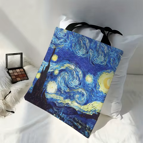 Van Gogh Series Linen Bag Oil Painting Starry Night Sunflower Apricot Flower Coffee Holder Handbag Lightweight Shoulder Bag 8 best sales van gogh bag - №1