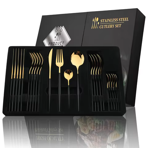 24Pcs Black Handle Golden Cutlery Set Stainless Steel Knife Fork Spoon Tableware Flatware Set Festival Kitchen Dinnerware Gift 10 best sales fork and spoon - №8