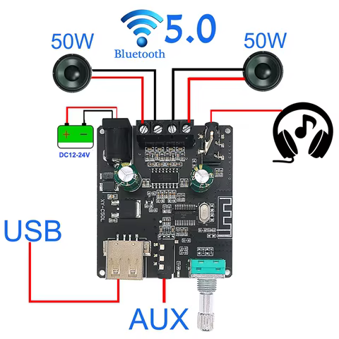 2*50W Bluetooth 5.0 Power Amplifier Class D Audio 10W~200W HiFi Stereo Wireless Music Player Mini USB Sound Card App Digital AMP 10 best sales amplifier class d - №4