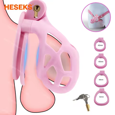HESEKS Pink Male Chastity Cage Lock Cock Device Kit With 4 Arc Penis Rings Sex Toys For Men Gay Scrotum Adult Games Sex Shop 18+ 8 best sales bdsm ball lock - №1