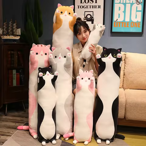Cute Long Strip Cat Stuffed Body Pillow Cartoon Cat Plush Cushion Kawai Sofa Bedroom Throw Pillow Home Decoration Creative Gifts 10 best sales furry body pillow - №10