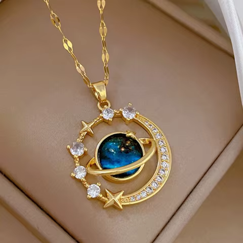 Light Luxury Titanium Steel Star Series Necklace for Women Gold Color Planet Moon Astronaut Pendant Necklaces Jewelry Gifts 8 best sales 10 gram gold chain price in dubai - №3