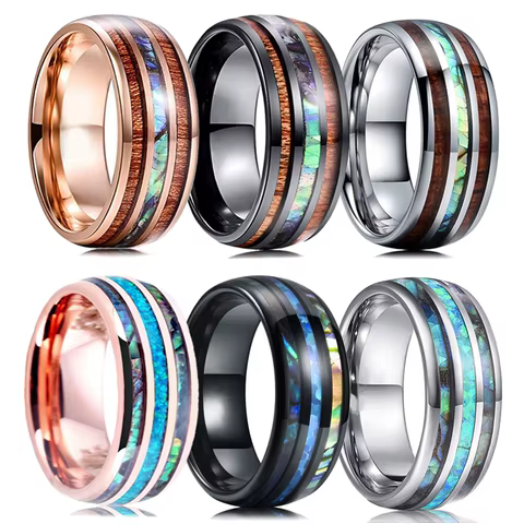 8mm Men's Rose Gold Color Stainless Steel Rings Hawaiian Koa Wood And Abalone Shell Opal Inlay Ring Men's Wedding Band Jewelry 12 best sales abalone shell ring - №8