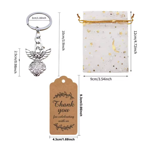 36pcs/set Baptism Favors Angel Keychains Pendant Baptism Party Boxes White Moon Star Organza Bags with Drawstring Thank You Tags 10 best sales thank you gifts - №8