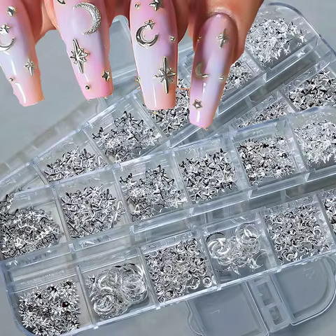 720-980Pcs Mixed Silver Star/Moon/Cross Nail Rivet Studs 4/6/10mm Metal Frame Silver Star/Sun Nail Art 3D Silver Manicure Studs 10 best sales nail cross charms - №9