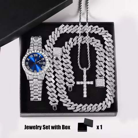 Quartz Watch Set Gift Box Cuban Necklace Bracelet Cross Classic Full Diamond Watch Shining Luxury Gift giving Festival Chain Hip 12 best sales watch choker - №8