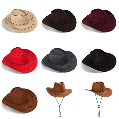 Women Men Cowboy Hat Western Suede Cowgirl Hats Fashion West Fancy Dress Party Headwear Unisex Cap 12 best sales cowboy hat band - №5