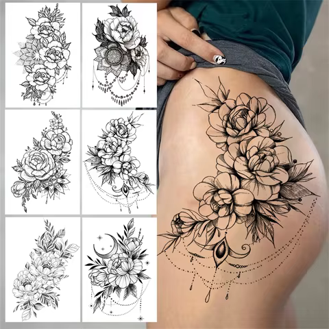 Pendant Flower Temporary Tattoos For Women Adult Fake Jewelry Tattoo Sticker Peony Black Henna Moon Large Thigh Tatoo Waterproof 8 best sales henna stickers - №7