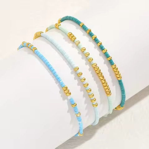 4 PCS Turquoise Color Seedbeads Stretch Bracelet Set Bohemia Gold Color Glassbeads Elastic Handmade Girls Vacation Jewelry 8 best sales earthy jewelry - №8