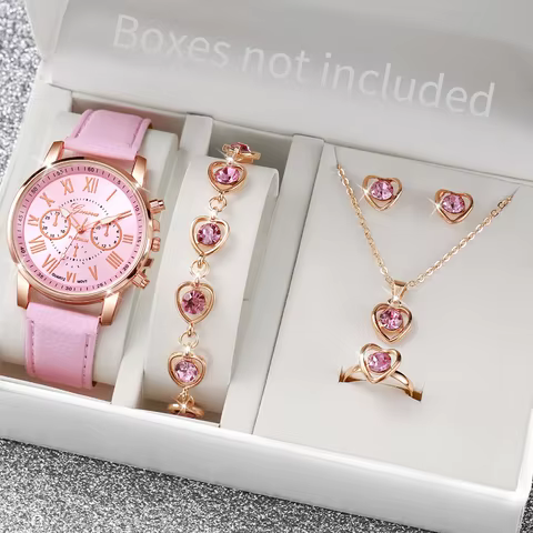 5/6PCS Fashion Women's Quartz Watch Leather Band Analog Wrist Watches Heart Rhinestone Jewelry Set(Without Box) 10 best sales swiss military watches - №3
