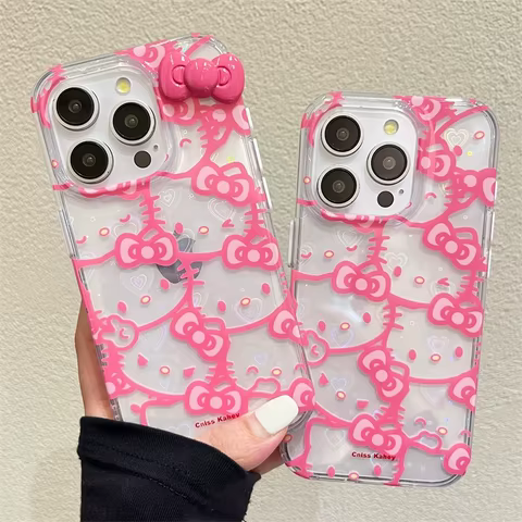 Hello Kitty Bow Full Screen Phone Case For iPhone 16 15 14 13 12 11 Pro Max XR XS MAX 7 8 Plus Y2K Pink Girl Laser Shining Cover 10 best sales pink mobile phone - №6