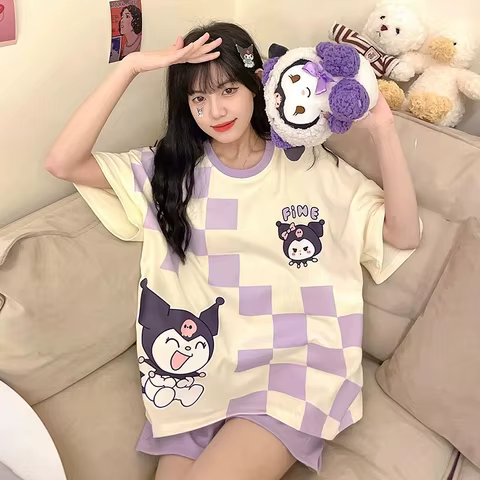 Kawaii Sanrio Anime Cinnamoroll Kuromi Pajamas Summer Simple Fashion Delicate Cute Casual Loose Comfortable Soft Girly Set Gift 12 best sales sanrio pjs - №12