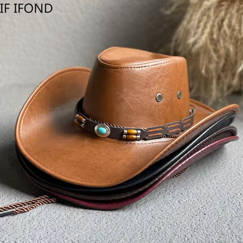 Faux Leather Western Cowboy Hats For Women Men Vintage Gentleman Dress Hats Panama Cowgirl Jazz Cap Sombrero Hombre 12 best sales cowboy hat band - №7