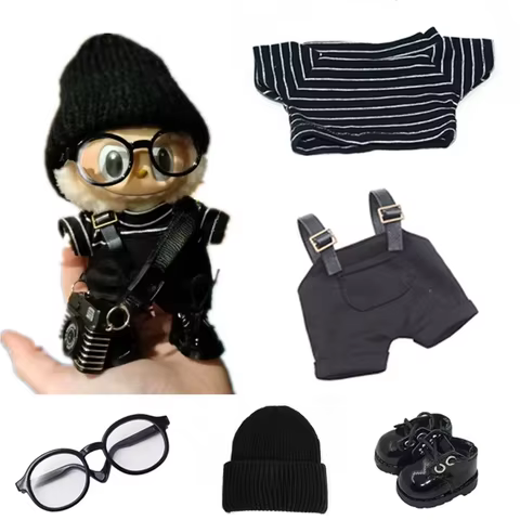 17cm Mini Doll'S Clothes Outfit Accessories For Labubu V1 V2 V3 Striped overalls hats glasses shoes Cool handsome Clothing Gift 8 best sales monchhichi - №7