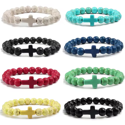 Fashion Jesus Cross Natural Stone Bracelets Charm Blue Pine Stone Black Lava Matte Beaded Bracelets Bangles Women Yoga Jewelry 10 best sales blue bracelet for women - №7