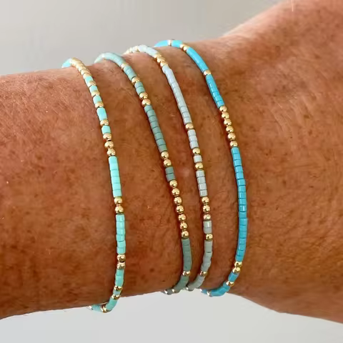4 PCS Turquoise Color Seedbeads Stretch Bracelet Set Bohemia Gold Color Glassbeads Elastic Handmade Girls Vacation Jewelry 8 best sales earthy jewelry - №8