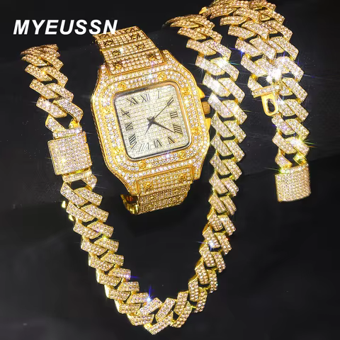 Gold Color Cuban Chain Watch for Men,Hip Hop Miami Curb,Iced Out Paved Rhinestones,Bling Rapper Necklace, Watch+Bracelet Jewelry 12 best sales watch choker - №1
