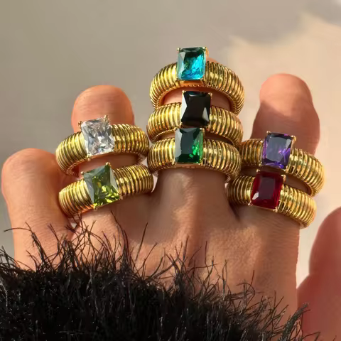 Punk Exaggerate Multicolour Crystal Rings for Women 18K Gold Plated Waterproof Twist Square Thick Ring Hiphop Vintage Jewelry 12 best sales chunky gold rings - №6