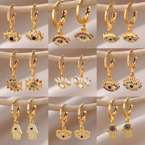 Luxury Zircon Evil Eye Hoop Earrings For Women Stainelss Steel Turkish Devil's Eye Eardrop Earring Aesthetic Jewelry Gift aretes 12 best sales turkish earrings - №1