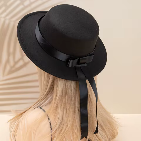 Handmade JKDK Uniform Hat Elegant Flat Top Flat Edge Woolen Academy Style Bowtie Ribbon Hat 10 best sales hat making supplies - №10
