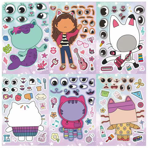 6/12Sheets Gabby's Dollhouse Make A Face Puzzle Stickers Kids Make Your Own DIY Game Children Cartoon Jigsaw Education Toys Gift 12 best sales game sticker - №5