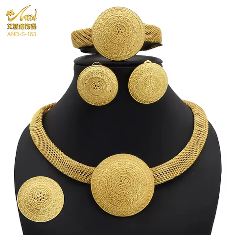 ANIID Womens Ethiopian Gold Color Jewelry Set Bridal Dubai Jewellery Wedding Brazilian Eritrean African Earring Necklaces Set 10 best sales brazilian gold jewelry set - №6