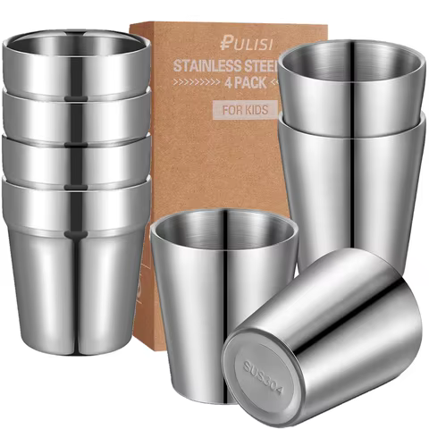 304 Stainless Steel Metal Drinking Mugs 4 PCS Coffee Cups Double Wall Stackable Reusable Outdoor Camping Cup Set Home Drink-ware 6 best sales mug metal - №6