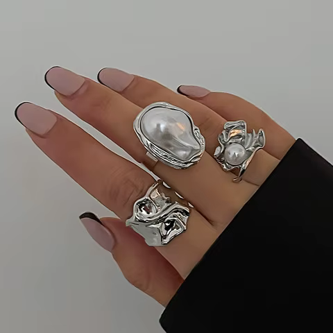 3Pcs Irregular Pearl Open Rings Set for Women Exaggerated Vintage Metal Folds Thick Chunky Gold Silver Color Ring Jewelry Gifts 12 best sales chunky gold rings - №9
