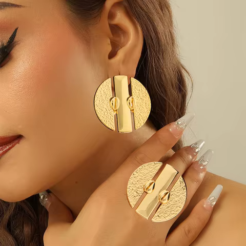 Brazilian Gold Color Earrings with Ring Jewelry Set for Party Hollow Out Design Big Earrings Finger Ring 2Pcs Set for Engagement 10 best sales brazilian gold jewelry set - №7