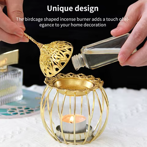 Arabian Gold Incense Burner Indoor Candles Essential Oils Aromatherapy Lamp Sandalwood Iron Incense Burner Home Birdcage Shape 12 best sales essential oil burner - №12