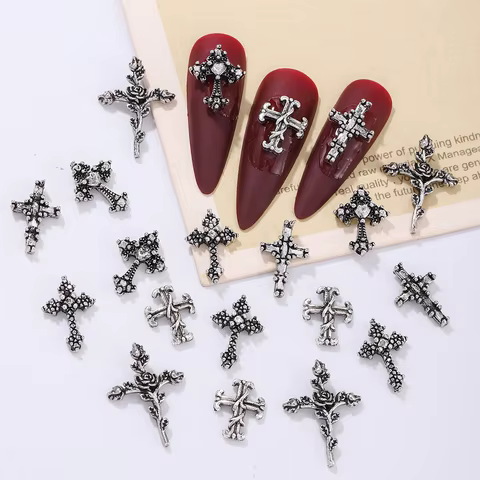 50pcs ancient silver punk wind cross nail decoration, alloy rhinestone, y2k metal style DIY nail styling decoration 10 best sales nail cross charms - №2