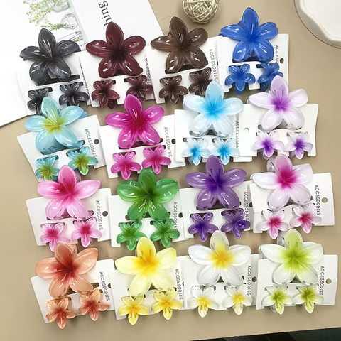 3Pcs Sweet Colorful Plumeria Flower Shark Clip Hair Claw Bohemian Ponytail Clip Plastic Hairpin Barrette Summer Hair Accessories 10 best sales flower power accessories - №5