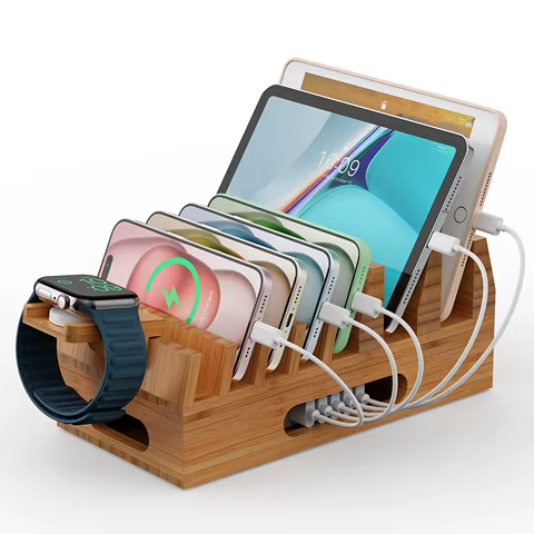 Bamboo Charging Station Organizer for Multiple Devices & Wood Desktop Docking Charging Stand Such As Cell Phone Tablets 8 best sales wooden cellphone holder - №6