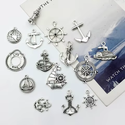 15Pcs Antique Silvery Anchor Rudder Boat Charms Compass Navigation Pendants For DIY Bracelet Supplies Jewelry Making Accessories 10 best sales compass charm - №8