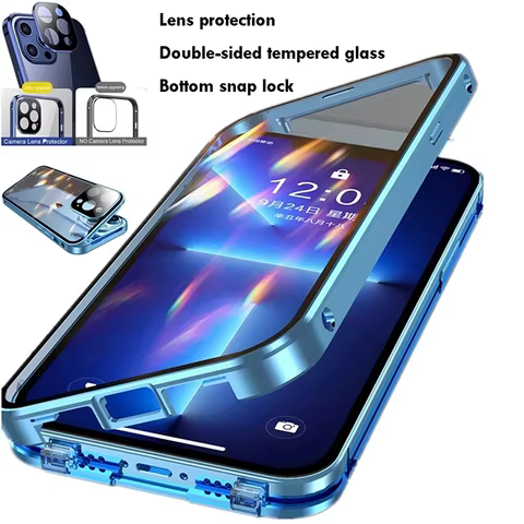 360°Full Protection Metal Magnetic Snap Lock Phone Case For IPhone 15 13 12 14 16 Pro Max Plus Double-sided Glass Bumper Cover 8 best sales cover iphone 13 pro max gucci - №5