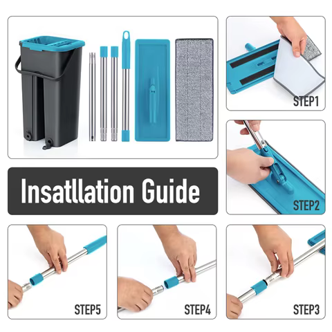 Flat Squeeze Mop and Bucket Hand Free Wringing Floor Cleaning Mop Microfiber Mop Pads Wet or Dry Usage on Hardwood Laminate Tile 12 best sales wall mop - №3