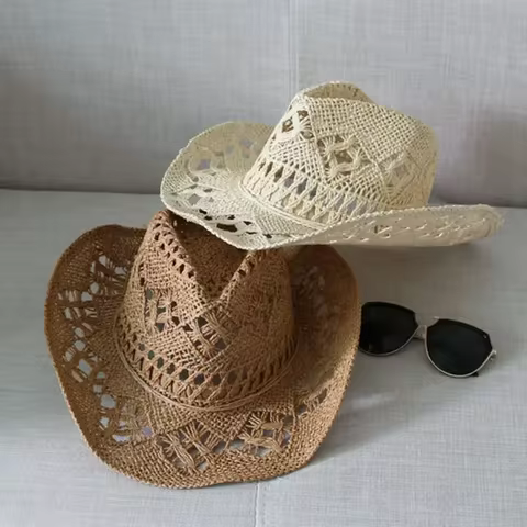 Straw Western Cowboy Hat for Women Men Classic Vintage Hollow Out Unisex Curled Wide Brim Sun Hat Fishing Hat Climbing Cap 12 best sales cowboy hat band - №9