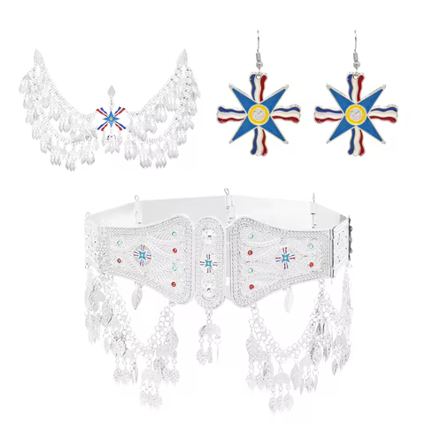 Silver Plated Assyrian Belt Hair Accessories Earrings for Women Kurdish Assyria Ethnic Colorful Flag Leaf Tassel Jewelry Sets 8 best sales assyrian flag - №2