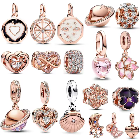Sparkling Pavé Triple-row Beads Rose Gold Hearts Medallion Cherry Blossom Dangle Charm Fit Moment 925 Sterling Silver Bracelet 10 best sales aruba souvenir - №7