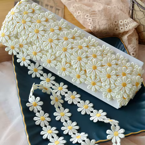 2.2CM Wide White Cotton Embroidered Daisy Lace Appliques 3D Flowers Fabirc Collar Neckline Trim Ribbon Dress Hats Sewing DIY 10 best sales embroidered trim - №9
